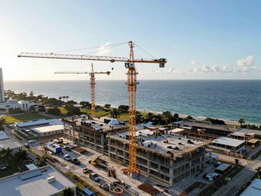 Aerial drone shot of active construction site in Miami with cranes and concrete structure under bright coastal sunlight, 35mm