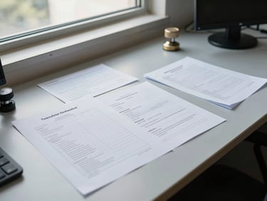 Wide environmental shot of a production office desk with printed permit forms, authority correspondence, and official government stamps laid out under bright even daylight from a window, no faces visible