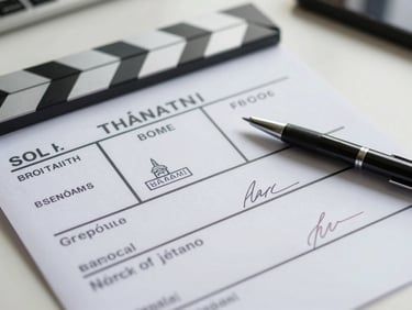Close detail of Thai film board permit documents spread on a desk, official stamps and signatures visible, a pen resting on top, bright overhead office lighting, no faces