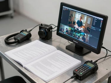 Close overhead shot of a production monitor displaying a scene feed, script pages and radio handsets alongside it on a metal production table, bright even studio lighting, no people visible