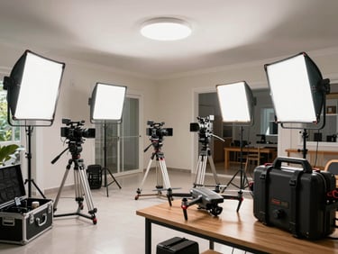 Wide staging area inside a Thai rental house, cinema cameras on tripod stands, LED light panels in cases, a drone laid out on a workbench, underwater housing on the right, bright even fluorescent overhead light
