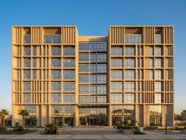 Symmetrical straight-on architectural elevation of a modern concrete and glass commercial building in New Mansoura, bright Mediterranean golden-hour light, sharp shadows, 35mm lens