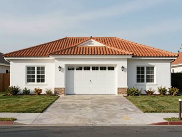 Wide exterior shot of a single-storey house with a small front yard, photographed straight-on in daylight, white render walls with terracotta roof tiles, concrete driveway leading to a single-car garage door, no people
