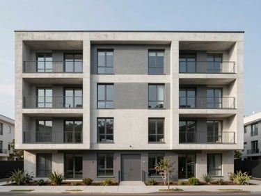 Front facade of a modern apartment block photographed in flat daylight, concrete frame with large windows, ground floor with small garden strip, no signage, no people, neutral sky