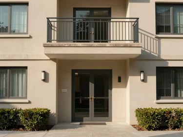 Front elevation of a two-bedroom apartment building entry level, photographed in natural morning light, beige facade, metal-railing balcony visible on upper floor, tidy landscaping at base, no people or cars