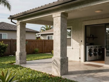 Ground-level daylight shot of a house side yard and covered patio, exposed concrete columns, laundry area visible through open door on the right