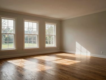 Interior wide shot of a bright living room with large windows letting in afternoon natural light, neutral painted walls, polished wood floor, no people, no staged decor