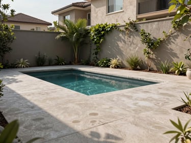 Ground-level wide shot of a residential backyard in daylight, concrete patio, small pool with still water, surrounding wall with climbing plants, no people