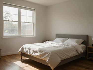 Wide environmental shot of a bright bedroom interior in natural morning light, window to the left casting soft shadows across a plain-made bed, neutral walls, hardwood floor, no people, no staging props