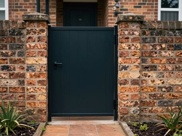 Ground-level shot of a house side entrance with a narrow tiled path leading to a side gate, natural daylight, brick wall on one side, small garden bed along the path, no people