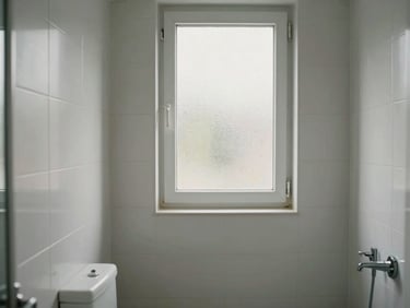 Daylight photo of a compact apartment bathroom, white tiles, frosted window admitting soft natural light, clean fixtures visible