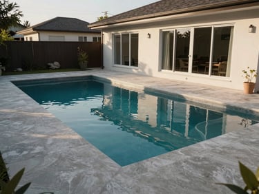 Ground-level shot of a residential house with a private pool visible in the backyard, photographed in afternoon natural light, clear water reflecting pool walls, surrounding deck in concrete, no people, no furniture styling