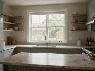 Wide environmental shot of a residential kitchen interior in full daylight, window above the sink flooding the counter with natural light, stone countertop and open shelving visible, no people, no staged styling