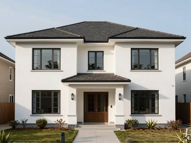 Full-width daylight shot of a three-bedroom house exterior facade, white render finish, small front garden in foreground, clear sky above