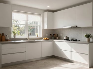 Wide interior shot of a modern kitchen with white cabinets and stone countertop under natural window light, no people, no food styling, ceramic tile floor visible