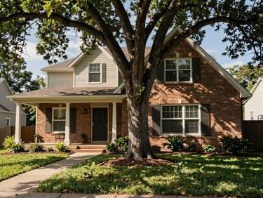 Wide shot of a house front elevation in daylight, brick finish, covered porch to the left, mature tree in the front yard