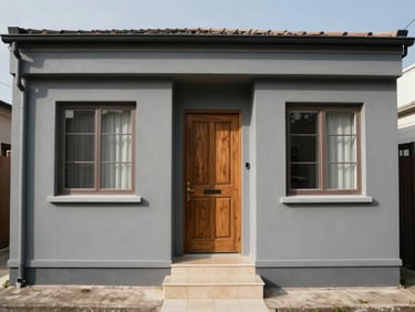 Straight-on daylight photograph of a compact terraced house facade, painted grey with a wooden front door, small tiled porch step, no people, clear sky overhead, neutral street context visible at edges