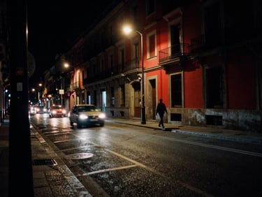 Cinematic wide shot, low-angle street photography of Madrid at night, motion-blurred headlights, a lone figure walking under a dim street lamp, heavy film grain, 35mm lens