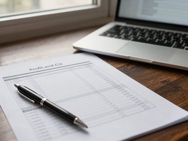 Printed profit and loss report on a desk beside a laptop showing a spreadsheet, pen resting on document, clean window light casting soft shadows