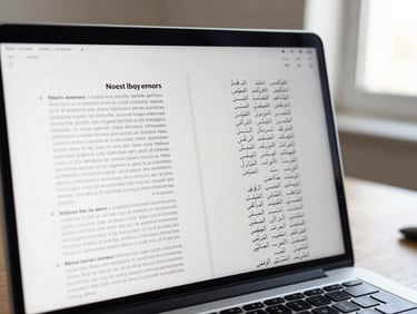 Close-up of a laptop screen showing a bilingual document side-by-side — English left column, Arabic right column — on a clean desk, natural light from a window to the upper right, shallow depth of field, muted workspace background