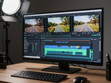 Tight crop of a video editing timeline on screen, color-graded footage visible in preview pane, keyboard and stylus on desk, studio overhead light
