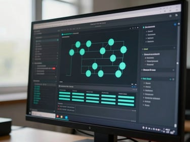 Close-up of an automation dashboard on a monitor, dark interface with teal status indicators and workflow nodes visible, clean desk edge in foreground, natural window light