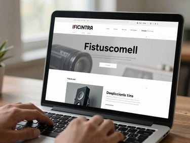 Laptop screen showing a finished website homepage with clean grid layout and sharp typography, hands resting near keyboard, natural sidelight from window