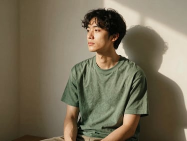 A calm individual in a moment of quiet reflection, seated in a sunlit corner, soft shadows, no direct eye contact, earthy tones.