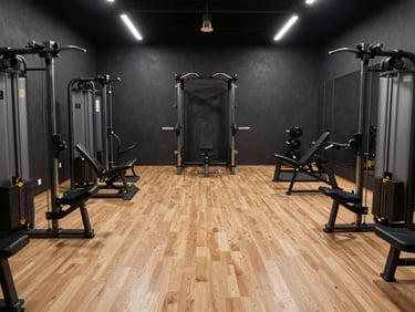 Symmetrical wide shot of an empty private bodybuilding gym floor, premium selectorized machines, dark charcoal walls, dramatic spotlighting