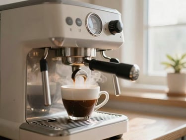 Eye-level shot of an espresso machine brewing coffee into a cup, steam rising, natural kitchen daylight, warm neutral tones.