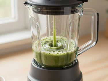 Close-up of a high-power blender blending a green smoothie, showing vortex, soft side-lighting, warm neutral tones, shallow depth of field.