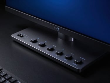 Sleek modern hardware interface on a dark monitor, deep cosmic blue glow, sharp focus, high-contrast shadows