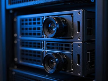 Macro close-up of a high-end server rack with deep cosmic blue ambient glow, sharp focus, low-key moody lighting, 35mm lens