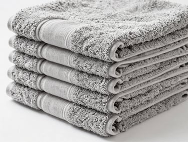 Neatly stacked slate gray towels showing thick, plush loops, side angle, bright clean studio lighting