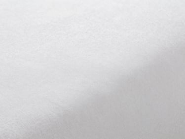 Macro texture of crisp white cotton bedsheets, bright neutral daylight, sharp focus on the tight percale weave