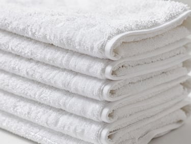 Stack of thick, plush white luxury towels with double-stitched hems, bright neutral daylight, sharp macro focus