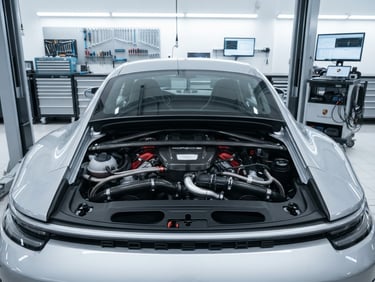A wide-angle, clean high-key shot of a modern Porsche engine bay under cool, bright workshop lighting, showing organized tools and diagnostic screens in the background.