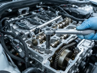 Sharp macro shot of a clean modern German engine bay, focus on a torque wrench tightening a cylinder head bolt, cool metallic tones, crisp depth of field, 50mm lens