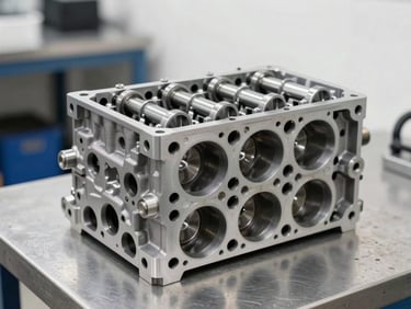 A clean disassembled BMW N55 engine cylinder head on a metal workbench, bright cool workshop lighting, focus on precision valves and camshafts, sharp industrial photography