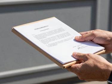 Close-up of a hand exchanging an official document package, secure and sealed, in bright natural daylight, high contrast industrial tones, sharp focus, 35mm lens.