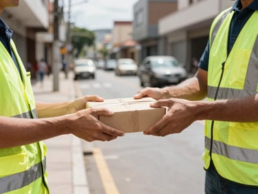 Dynamic close-up of hands exchanging a sealed package between a business owner and a professional courier, both in high-visibility gear, on a bustling street in Belford Roxo, bright natural daylight, high contrast industrial tones, sharp focus, 35mm lens.