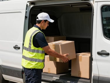 Medium action shot of a professional courier in high-visibility gear loading securely sealed e-commerce parcels into a light delivery vehicle, dynamic street photography, bright natural daylight, high contrast industrial tones, sharp focus, 35mm lens.