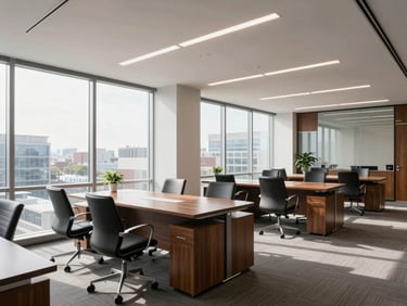 Interior of 1467 Coffeen Avenue showing bright professional office space, large windows with natural light, clean steel and wood accents, modern corporate finish.