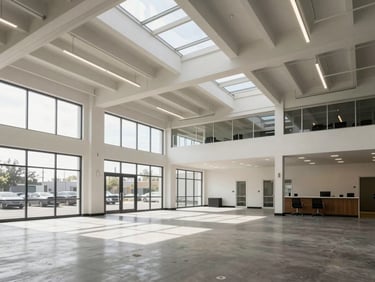 Bright interior view of a professional commercial space at 1467 Coffeen Avenue, featuring high ceilings, natural daylight penetration, and clean structural lines.