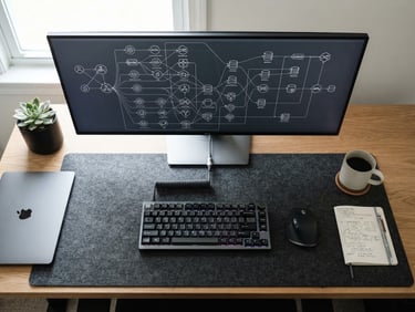 Flat-lay setup of a high-end developer workspace in bright natural daylight, showing a clean mechanical keyboard, a high-resolution screen displaying a complex system architecture diagram with nodes and databases, minimal slate-colored desk mat, 50mm lens.