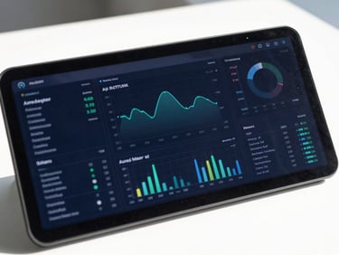Close-up of a high-fidelity dashboard displaying AI-driven analytics and data visualization, bright natural daylight, crisp details, 50mm lens