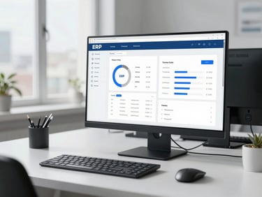Clean UI of an ERP system with modules for finance and operations, modern workspace, high-contrast slate and blue tones, bright natural daylight, crisp details, 50mm lens