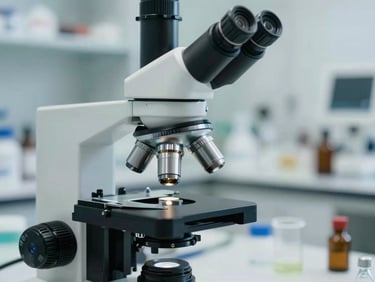 A close-up of botanical research under a modern microscope in a bright, clean, daylight-filled laboratory, showcasing the scientific and rigorous nature of naturopathic pharmacology.
