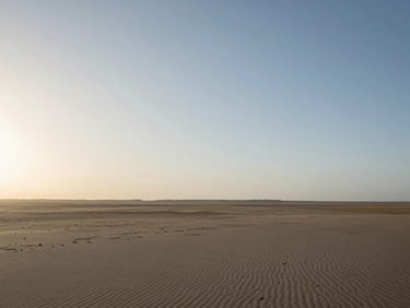 Wide open environmental landscape where the sky meets a low sand horizon, soft diffused morning light, expansive perspective.
