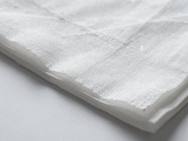 Macro texture of clean, white non-woven fabric used in personal care manufacturing, soft overhead light, high detail, sterile and precise composition.